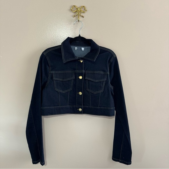 Cropped Denim Dark Wash Trucker Jacket Stretch Knit Comfy Size XS Lightweight - Picture 4 of 7